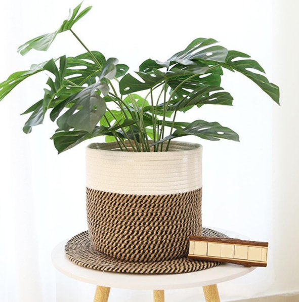 Jute & Cotton Rope Blend Basket – White & Natural Tones - Image 2