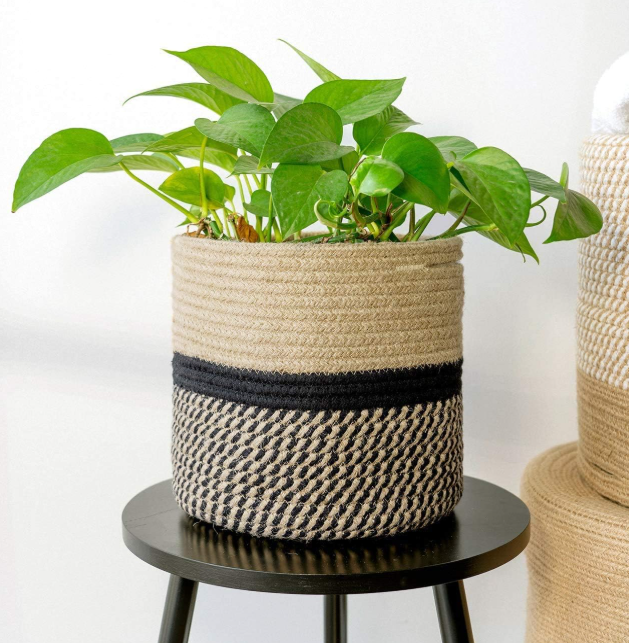Black-Striped Jute Planter Cover / Modern Woven Basket