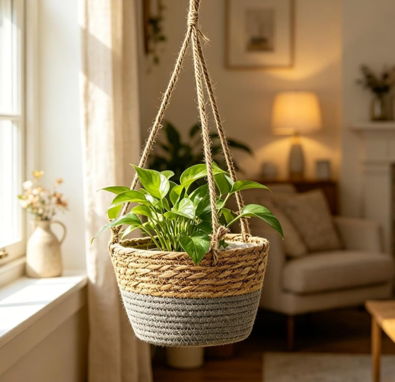 Grey Jute Hanging Basket / Modern Home Hanging Basket - Image 2