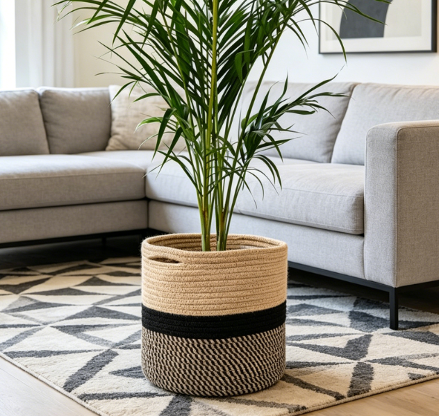 Jute And Cotton Woven Basket / Black Planter Cover - Image 2