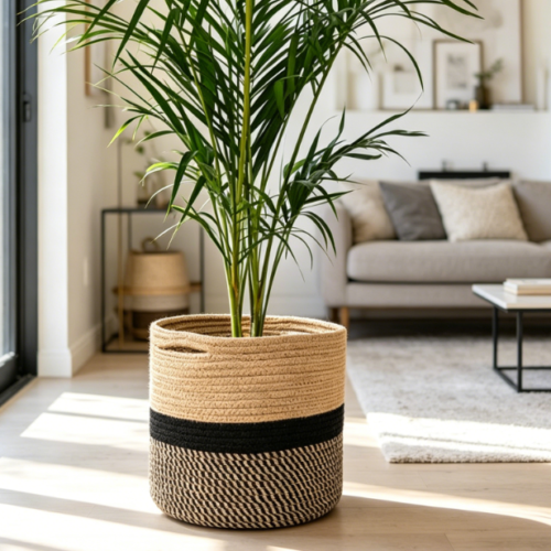 Jute And Cotton Woven Basket / Black Planter Cover