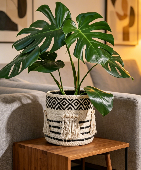 Tasseled Jute And Cotton Basket / Beige And Black Woven Planter Cover - Image 2