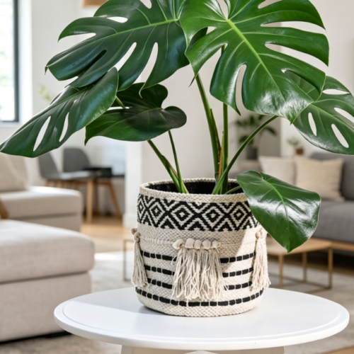 Tasseled Jute And Cotton Basket / Beige And Black Woven Planter Cover