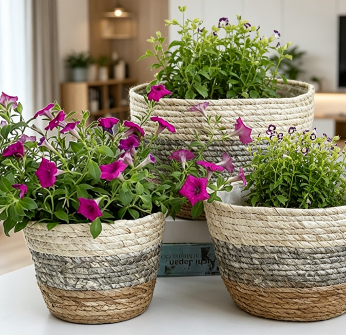 Grass Rope Plant Basket / Desktop Storage Planter Cover