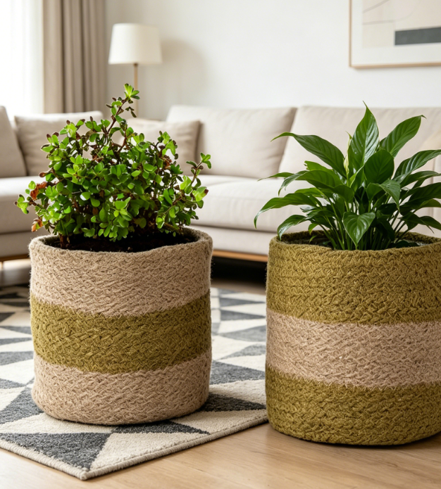 Olive Green Jute Planter Basket / Two-Tone 2-Piece Set - Image 2