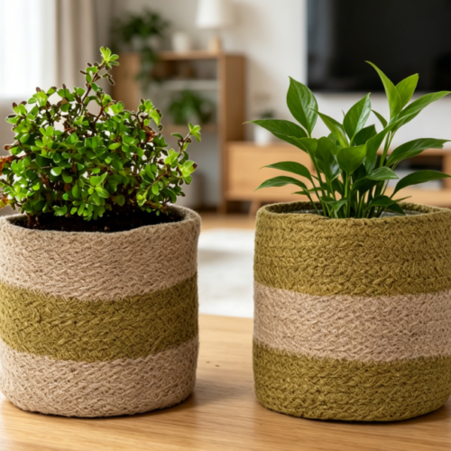 Olive Green Jute Planter Basket / Two-Tone 2-Piece Set
