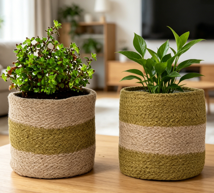 Olive Green Jute Planter Basket / Two-Tone 2-Piece Set