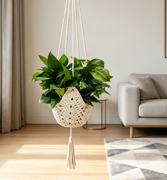 Crocheted Jute Hanging Basket / 2-Piece Set With Hooks - Image 2