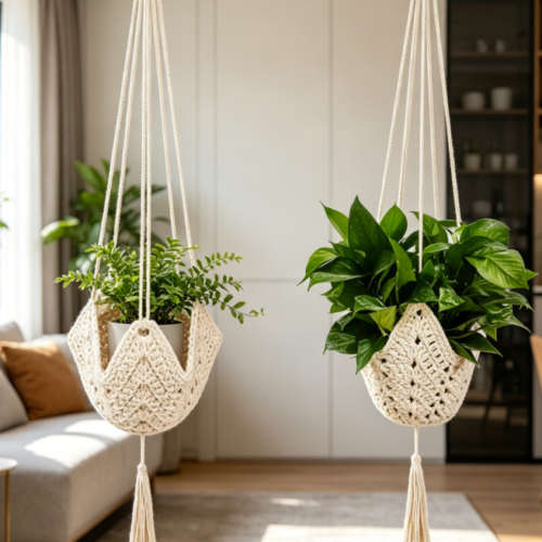 Crocheted Jute Hanging Basket / 2-Piece Set With Hooks