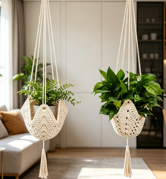 Crocheted Jute Hanging Basket / 2-Piece Set With Hooks