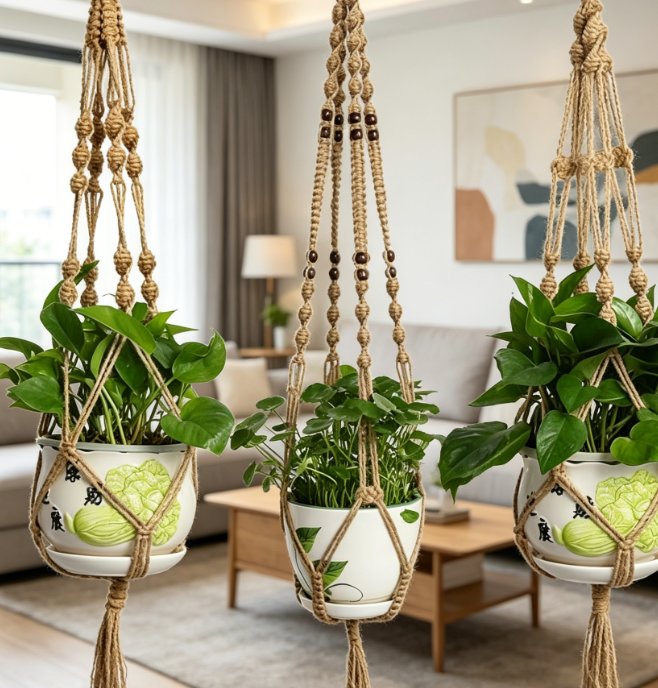 Beaded Wall-Hanging Plant Basket / Bohemian 3-Piece Set - Image 2