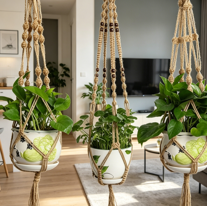 Beaded Wall-Hanging Plant Basket / Bohemian 3-Piece Set