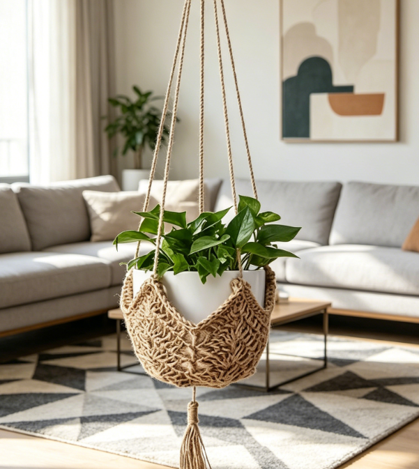 Long Jute Hanging Basket / Tasseled Planter Holder - Image 2
