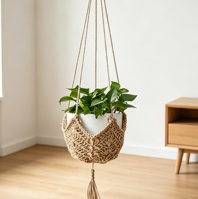 Long Jute Hanging Basket / Tasseled Planter Holder