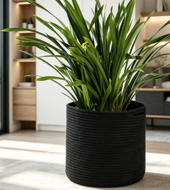 Black Cotton Rope Plant Basket / Modern Planter Cover - Image 2