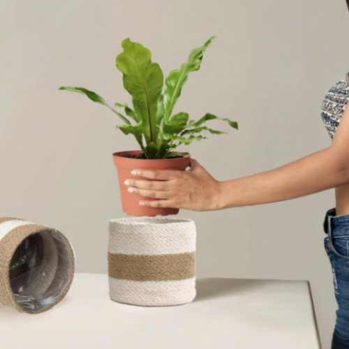 Jute Rope Planter Cover – Natural & White Two-Tone Design