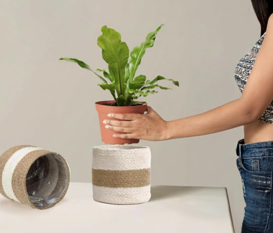 Jute Rope Planter Cover – Natural & White Two-Tone Design